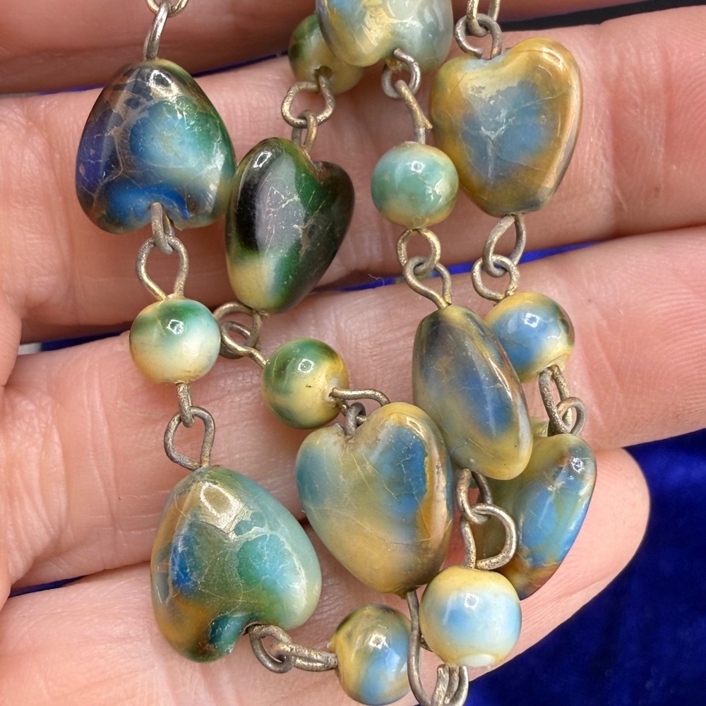 Vintage Estate Heart Necklace Tie Dye Gold Tone Glazed Beaded 21"